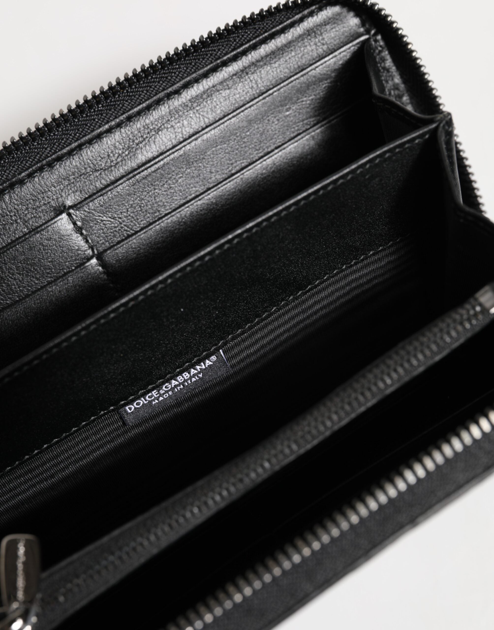 Dolce & Gabbana Men's Black Calfskin Caiman Leather Logo Plaque Zip-Around Continental Wallet