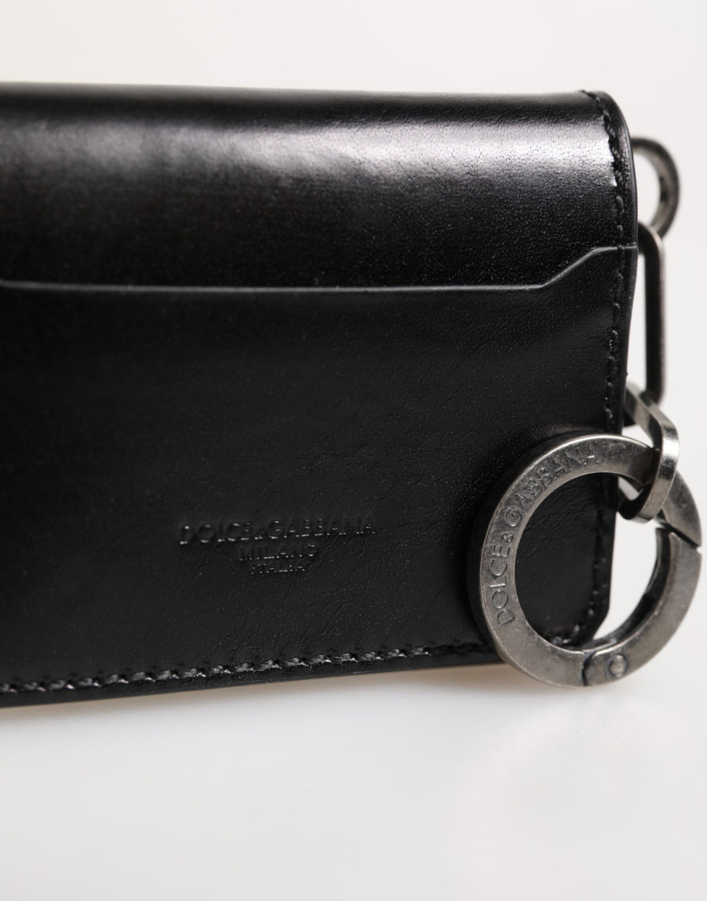 Dolce & Gabbana Men's Black Horse Leather Logo Embossed Cardholder Wallet with Keychain