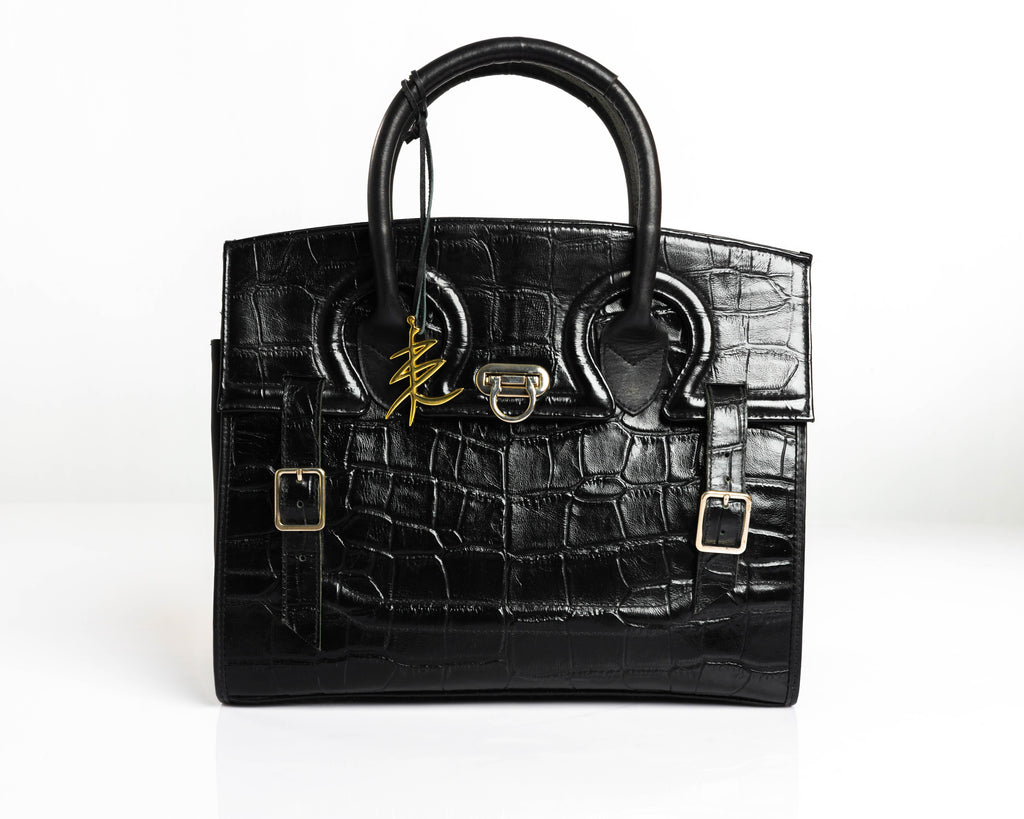Women's Barismil Stacy Croc-Embossed Leather Tote Bag — Black