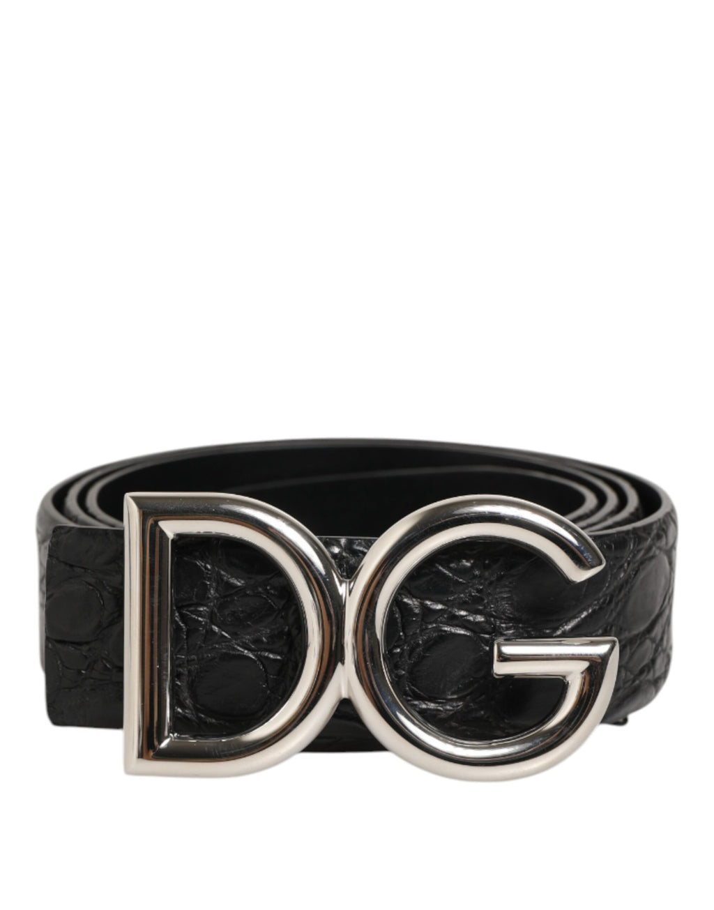 Dolce & Gabbana Men's Black Caiman Leather DG Logo Buckle Belt Silver 3.5cm