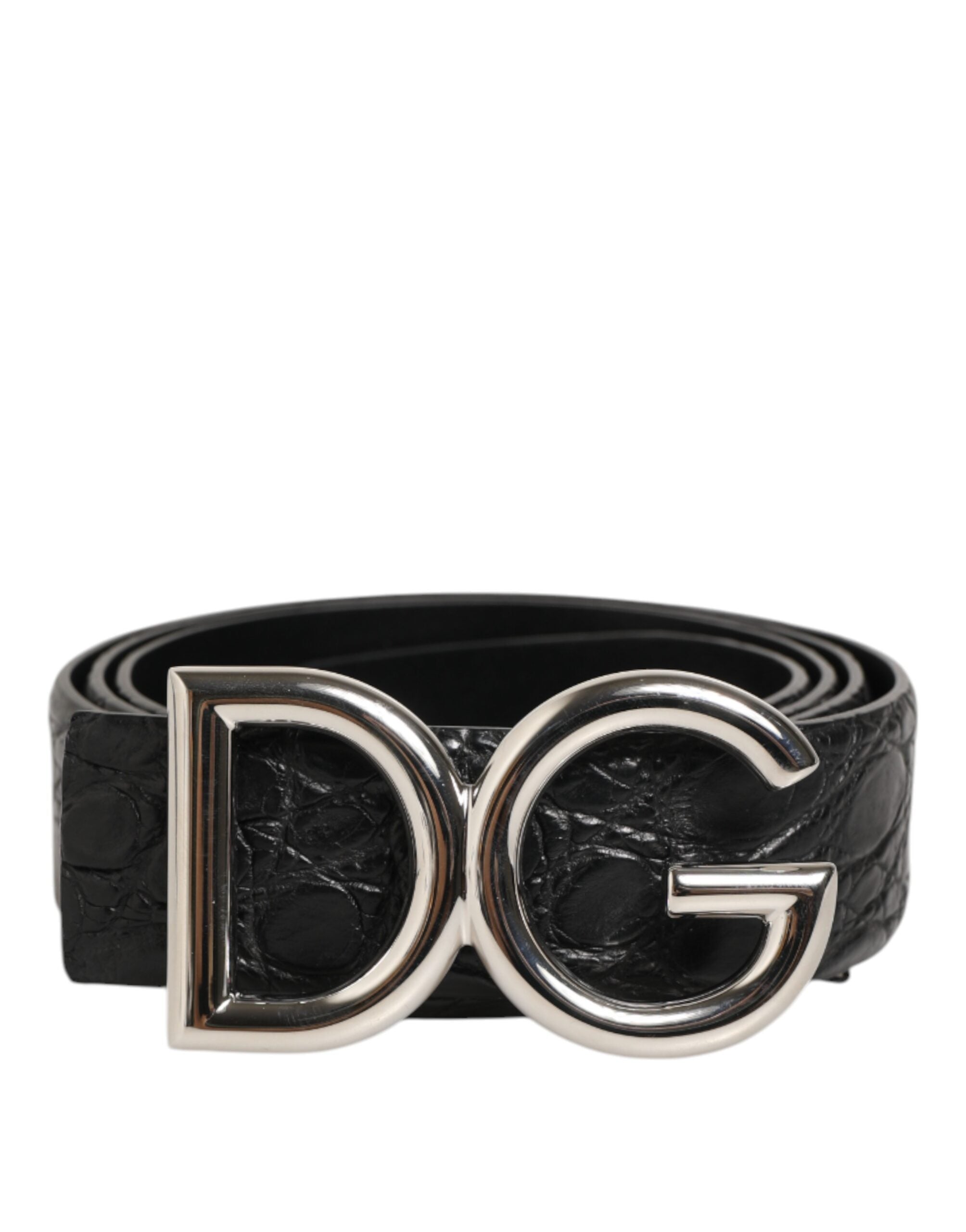 Dolce & Gabbana Men's Black Caiman Leather DG Logo Buckle Belt Silver 3.5cm