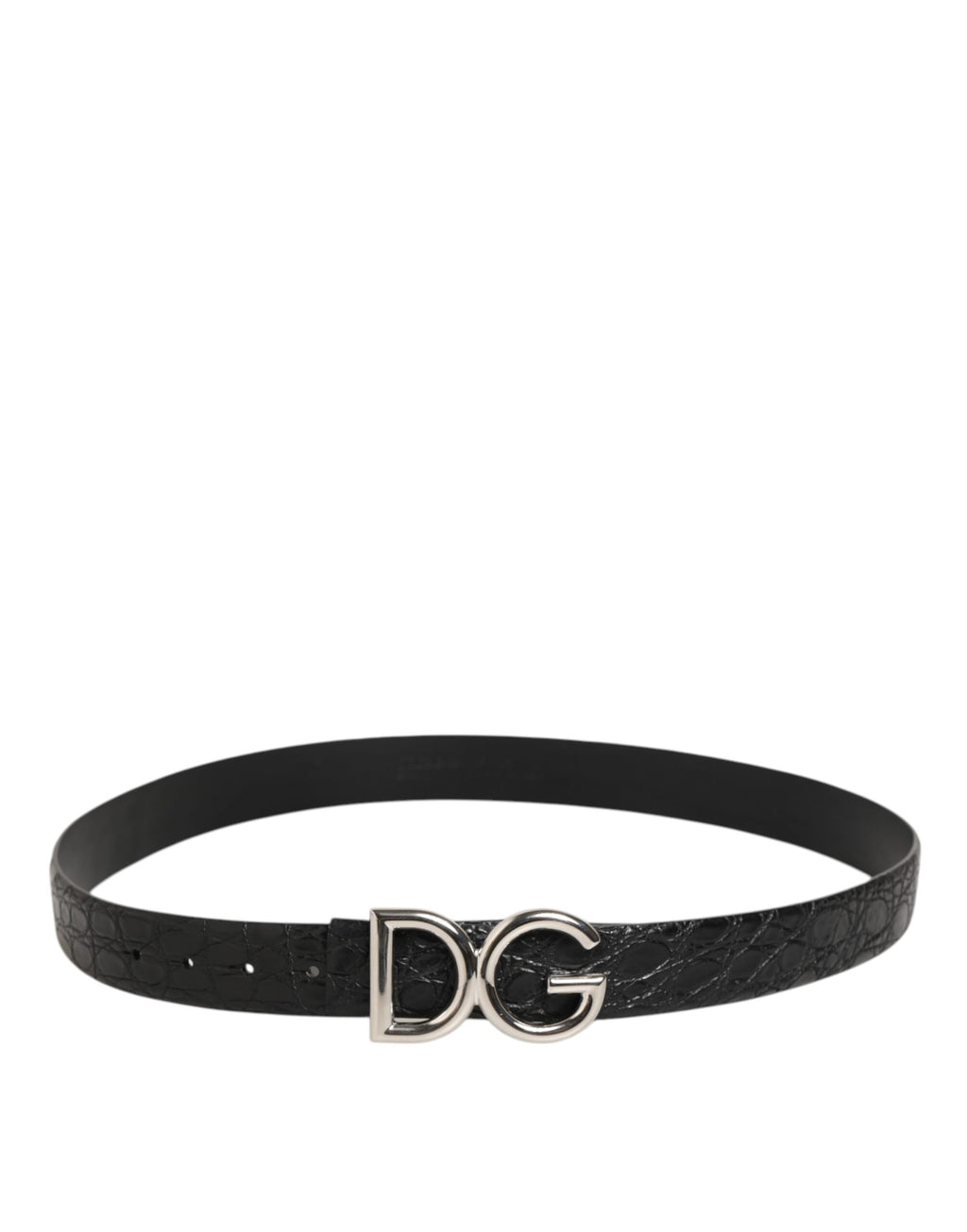 Dolce & Gabbana Men's Black Caiman Leather DG Logo Buckle Belt Silver 3.5cm