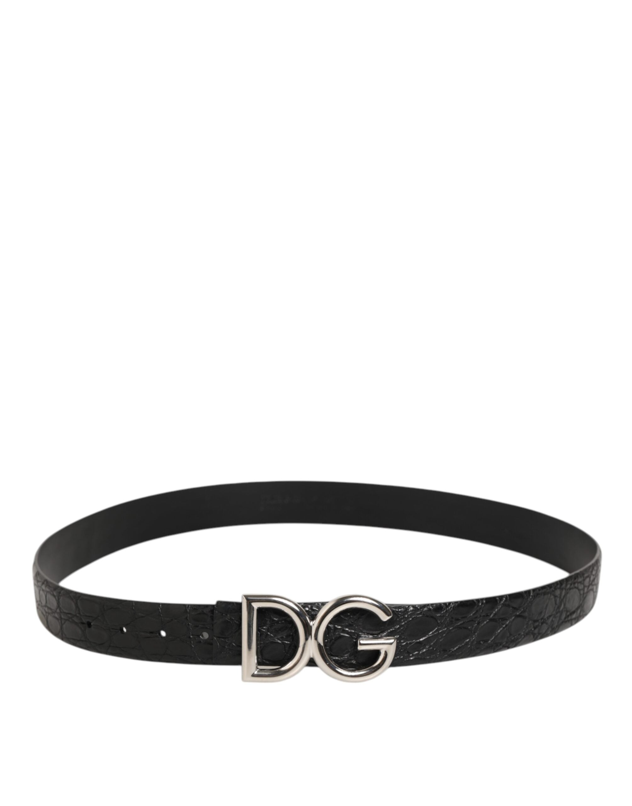 Dolce & Gabbana Men's Black Caiman Leather DG Logo Buckle Belt Silver 3.5cm