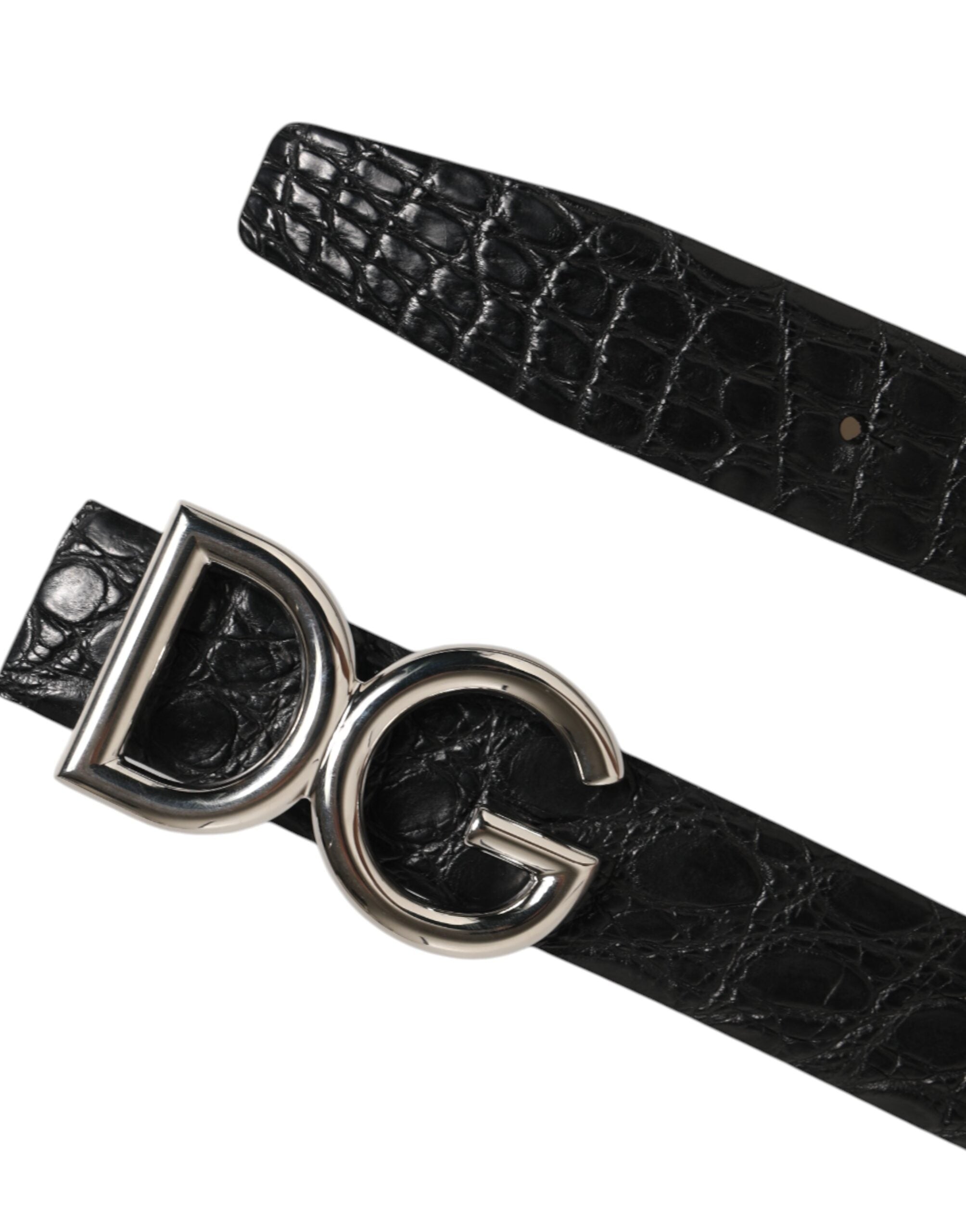 Dolce & Gabbana Men's Black Caiman Leather DG Logo Buckle Belt Silver 3.5cm