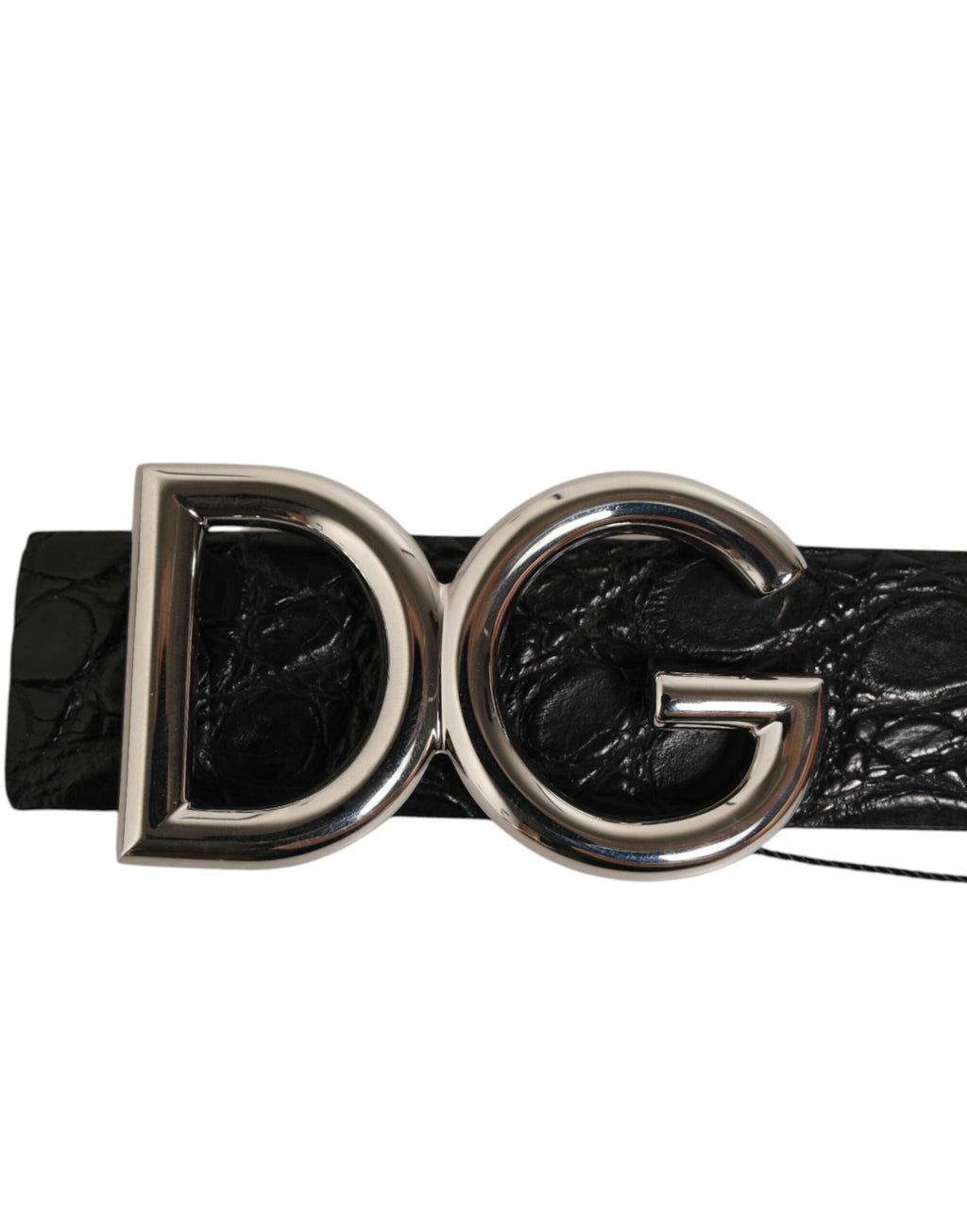 Dolce & Gabbana Men's Black Caiman Leather DG Logo Buckle Belt Silver 3.5cm