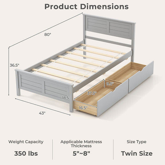 Twin Size Bed Frame with Storage Drawers-White