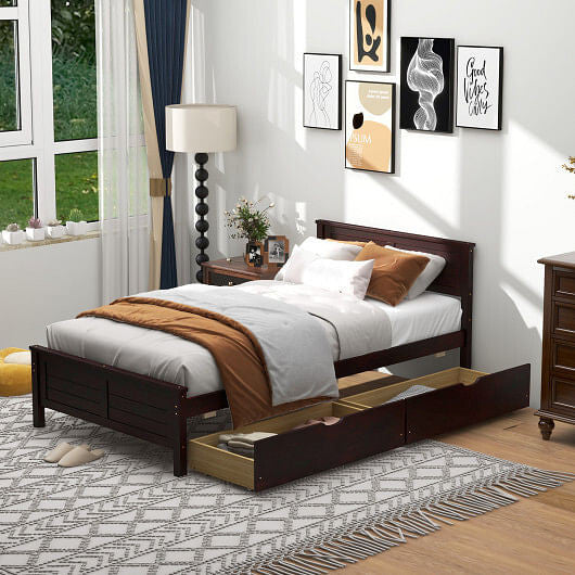 Twin Size Bed Frame with Storage Drawers-White