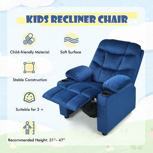 Kids Recliner Chair with Cup Holder and Footrest for Children-Blue