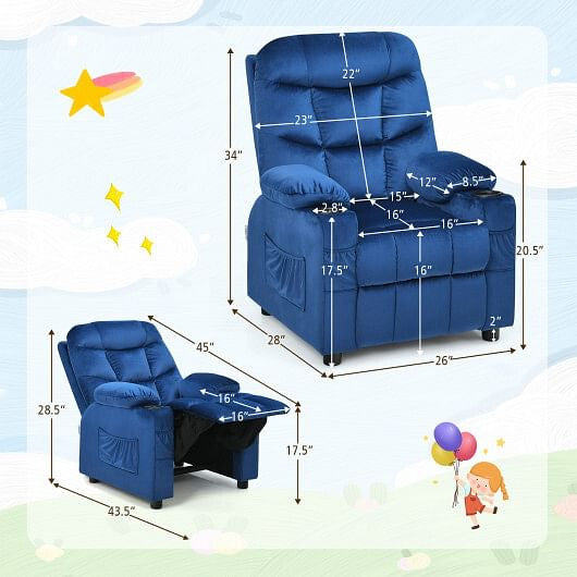 Kids Recliner Chair with Cup Holder and Footrest for Children-Blue