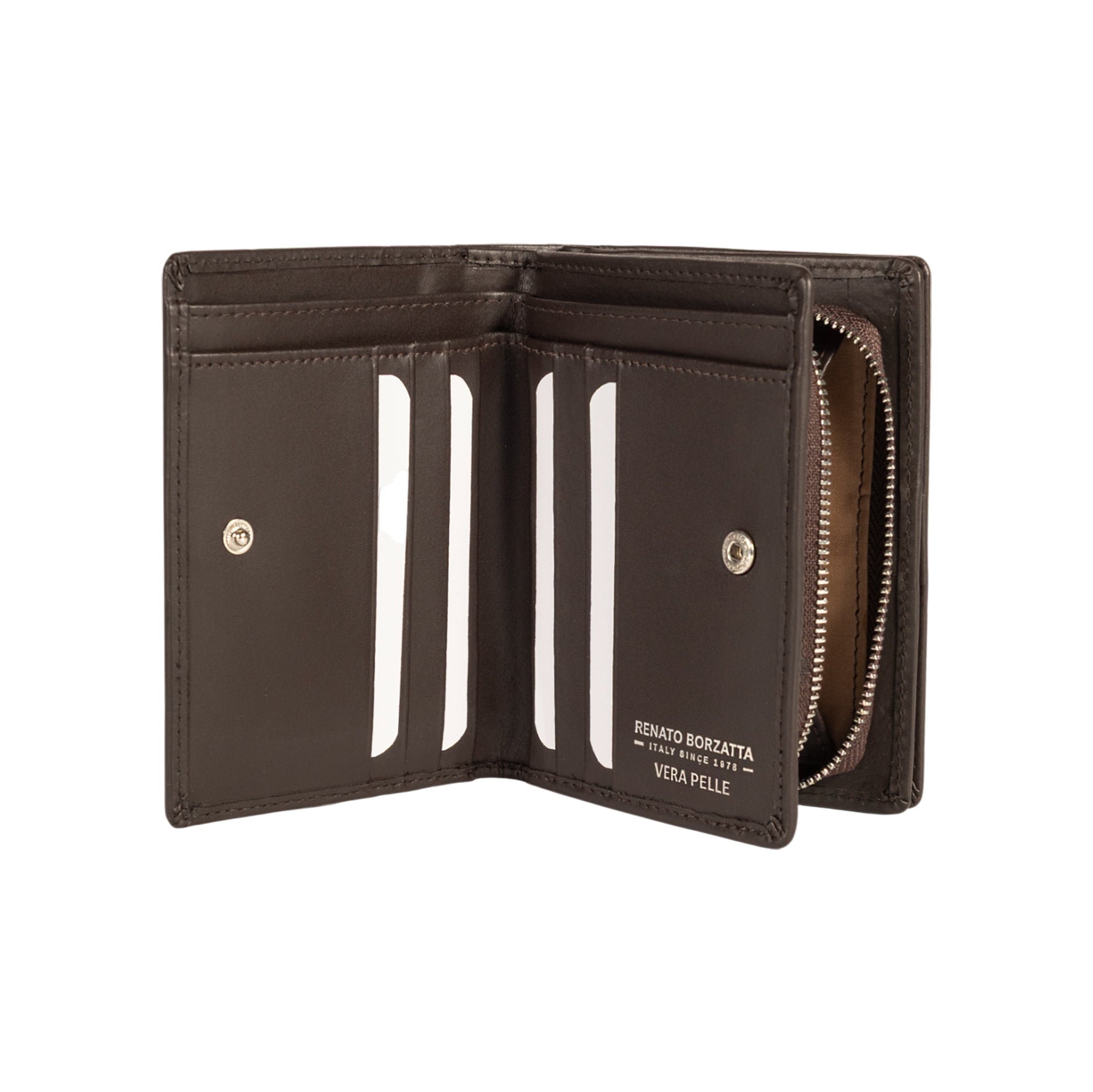 RB1083SB | Women's Wallet Made in Italy in Genuine Smooth Matte Leather. Dark Brown. Dimensions (closed): 13 x 9 x 2.5 cm