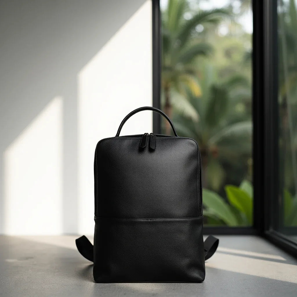 Men's Steel Horse Leather Skald Slim Black Pebbled Leather Backpack