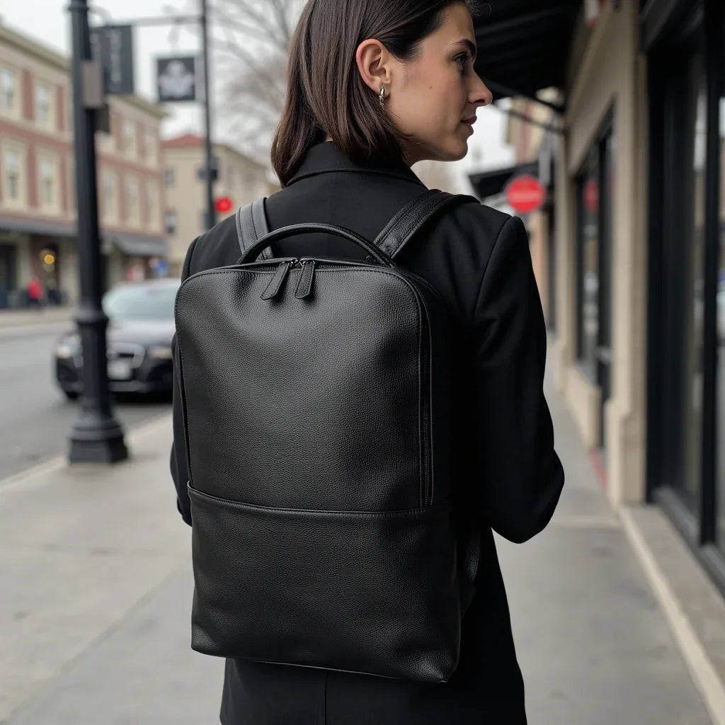 Men's Steel Horse Leather Skald Slim Black Pebbled Leather Backpack