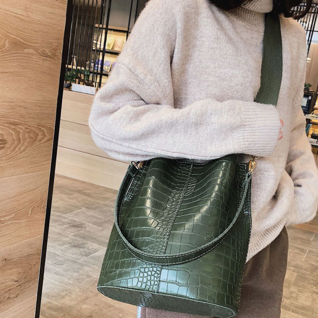 Women's ClaudiaG Blake Croc-Texture Vegan Leather Bucket Bag — Olive