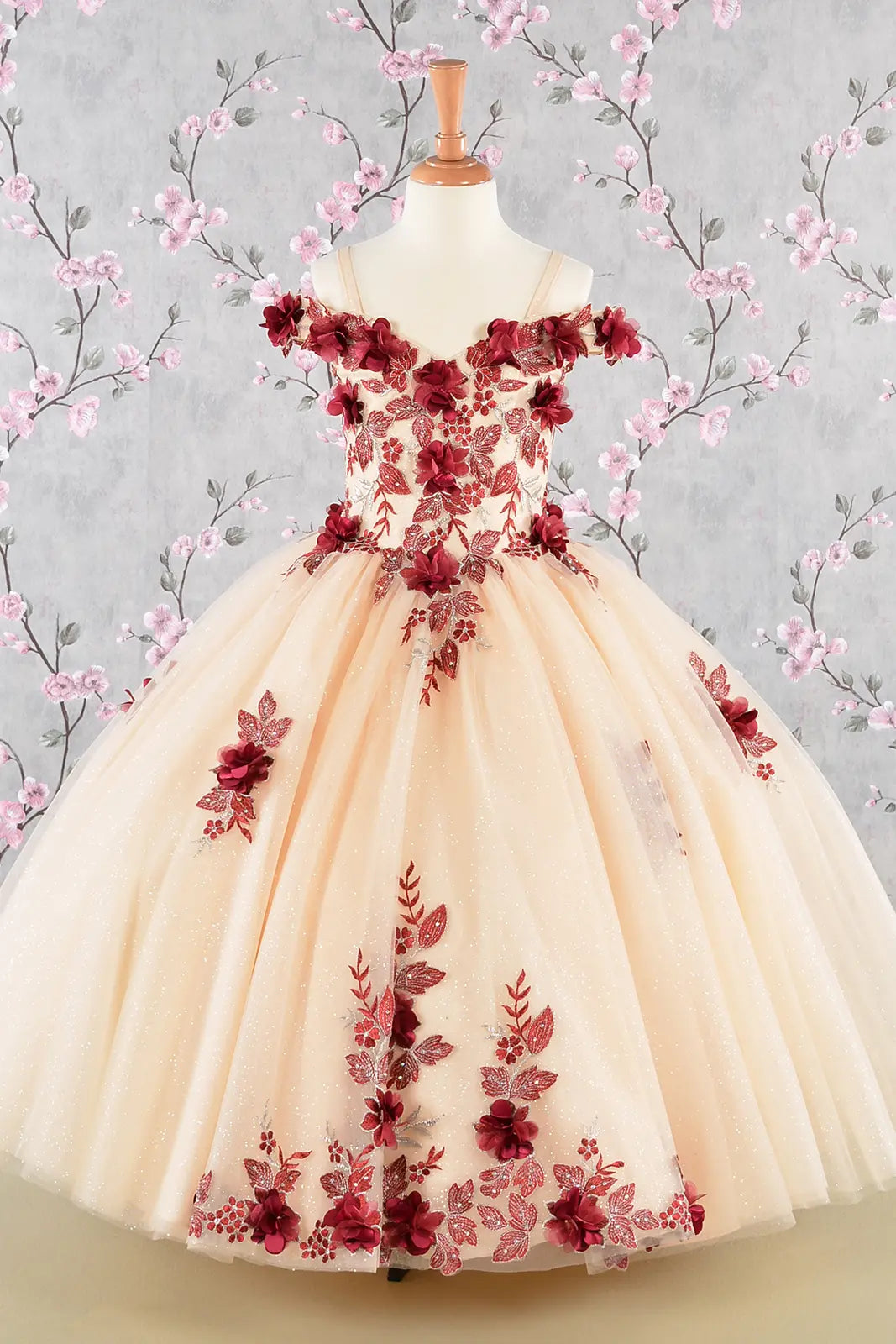 Girls 3D Flower Embroidery Beaded Mesh Ball Gown Dress