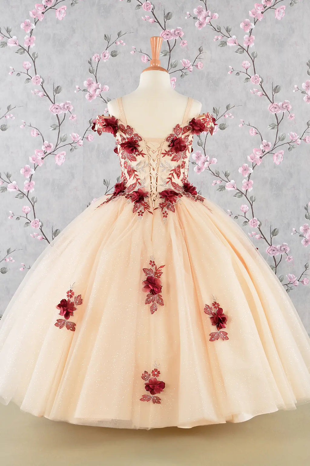 Girls 3D Flower Embroidery Beaded Mesh Ball Gown Dress