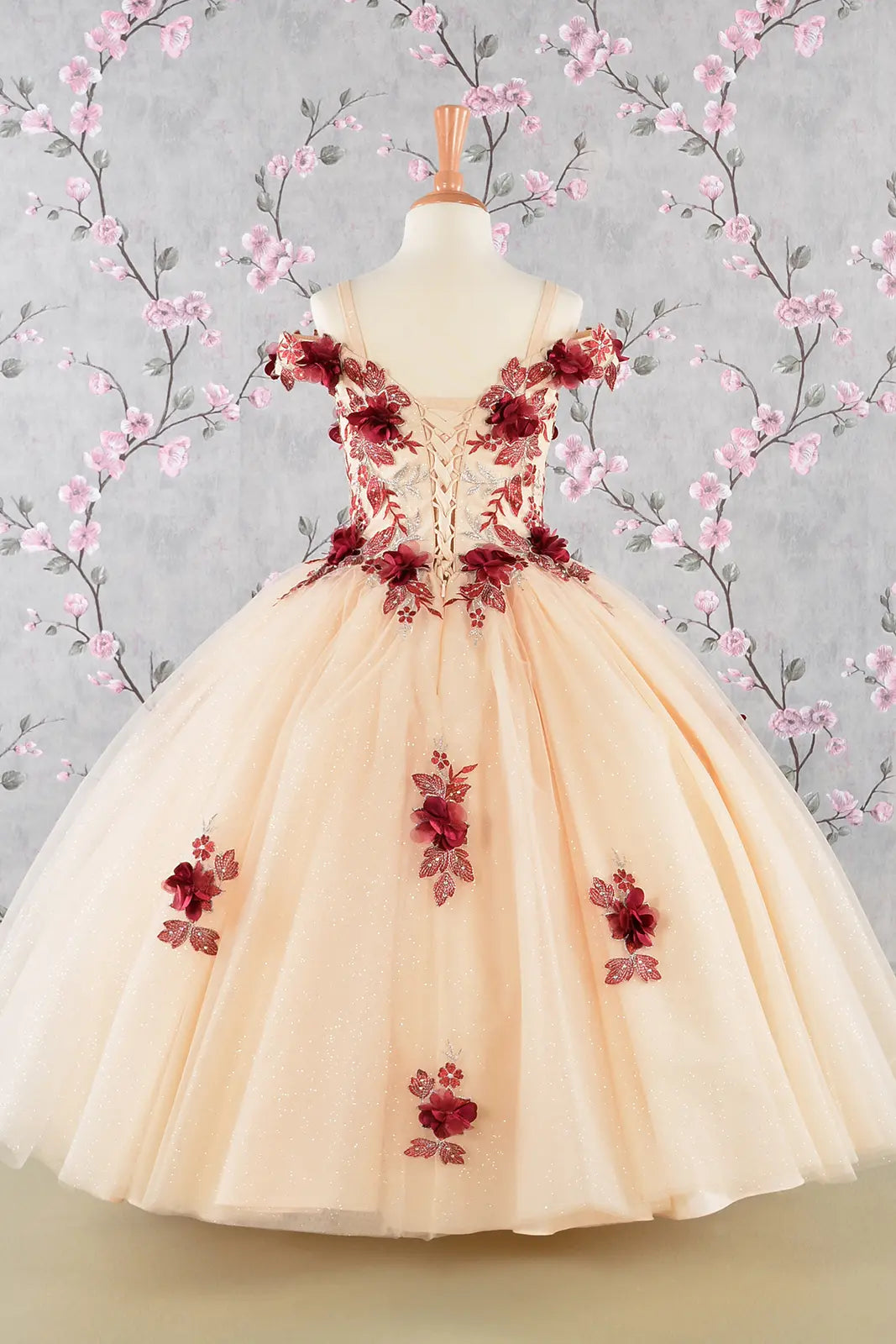 Girls 3D Flower Embroidery Beaded Mesh Ball Gown Dress