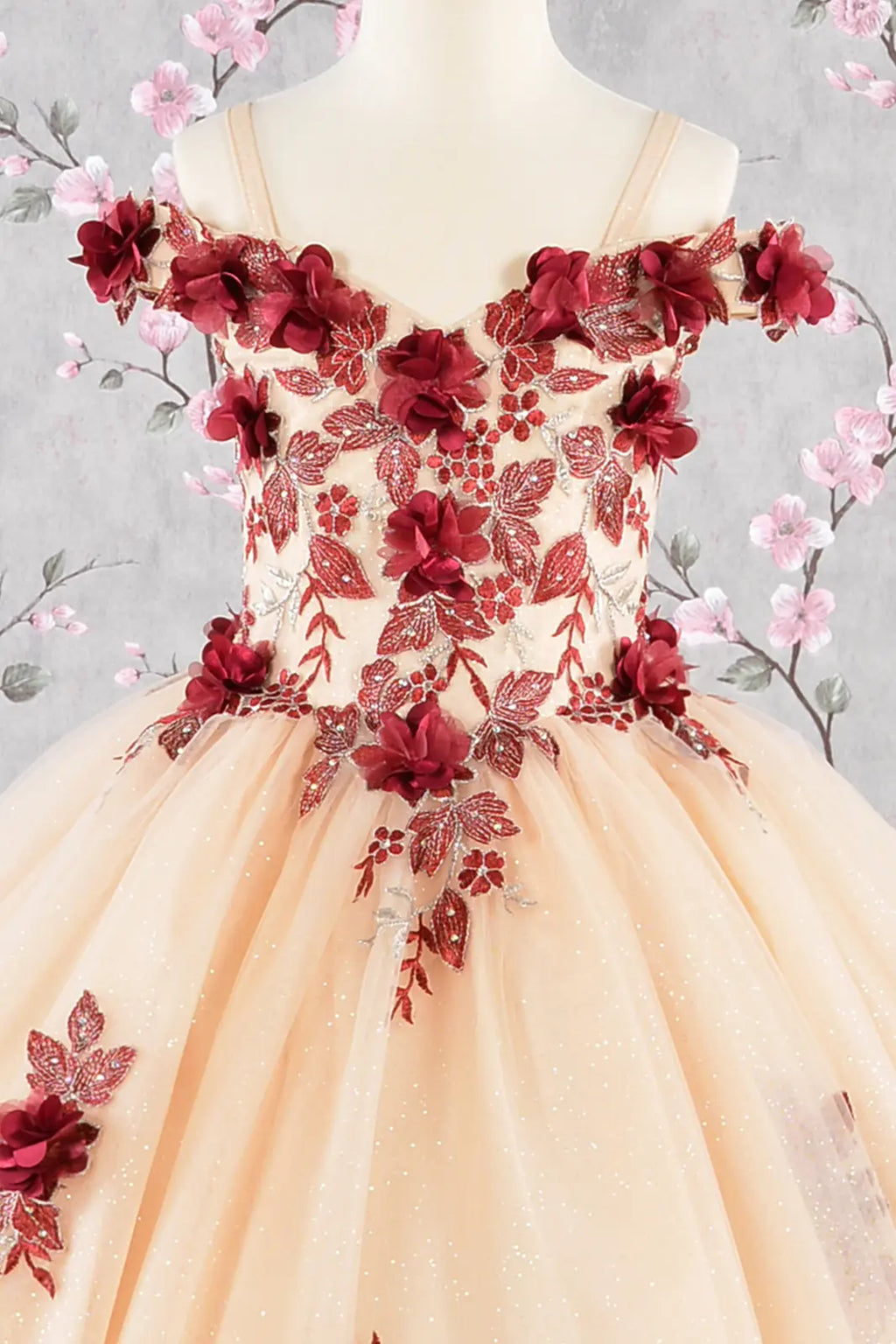 Girls 3D Flower Embroidery Beaded Mesh Ball Gown Dress