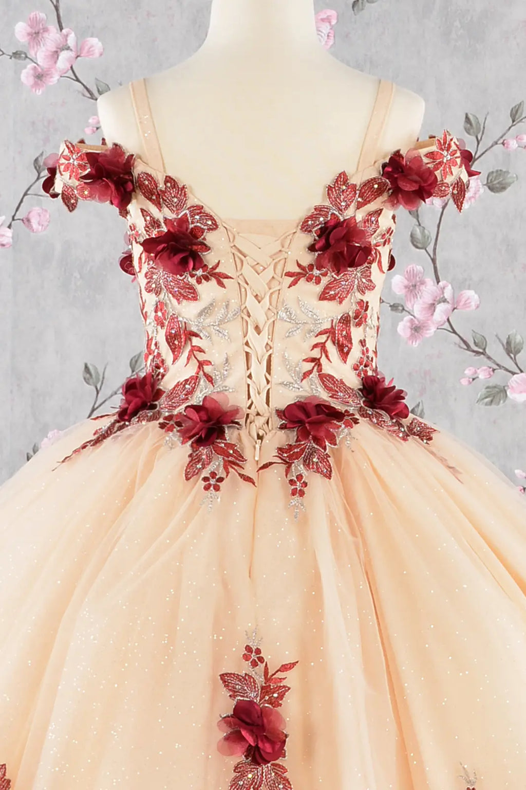 Girls 3D Flower Embroidery Beaded Mesh Ball Gown Dress
