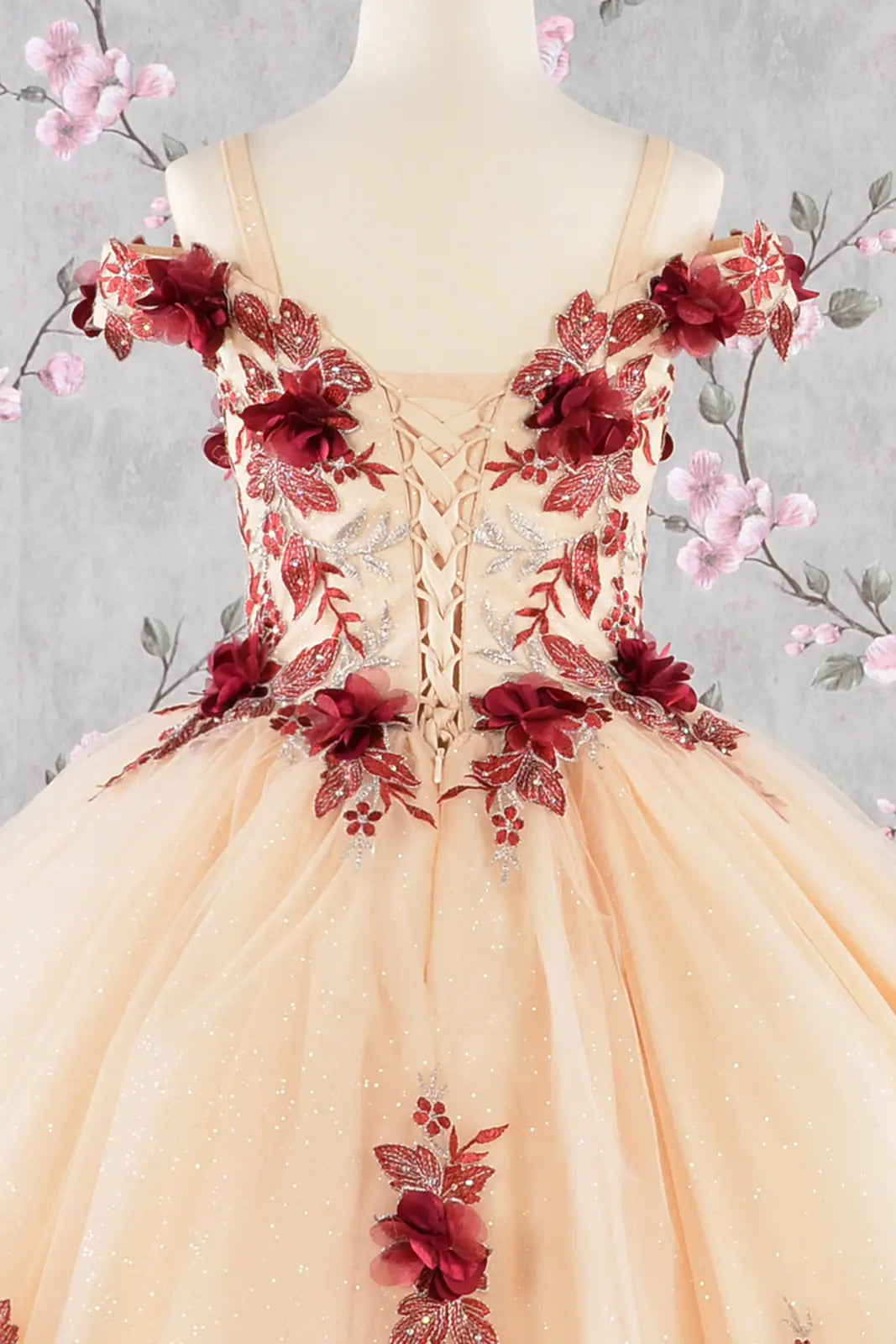 Girls 3D Flower Embroidery Beaded Mesh Ball Gown Dress