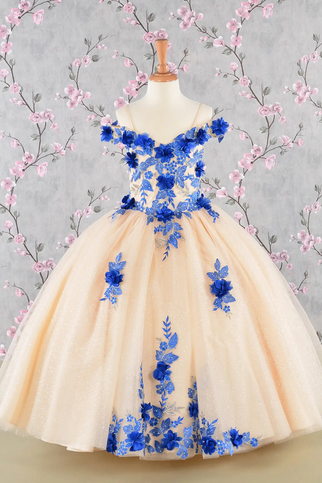 Girls 3D Flower Embroidery Beaded Mesh Ball Gown Dress